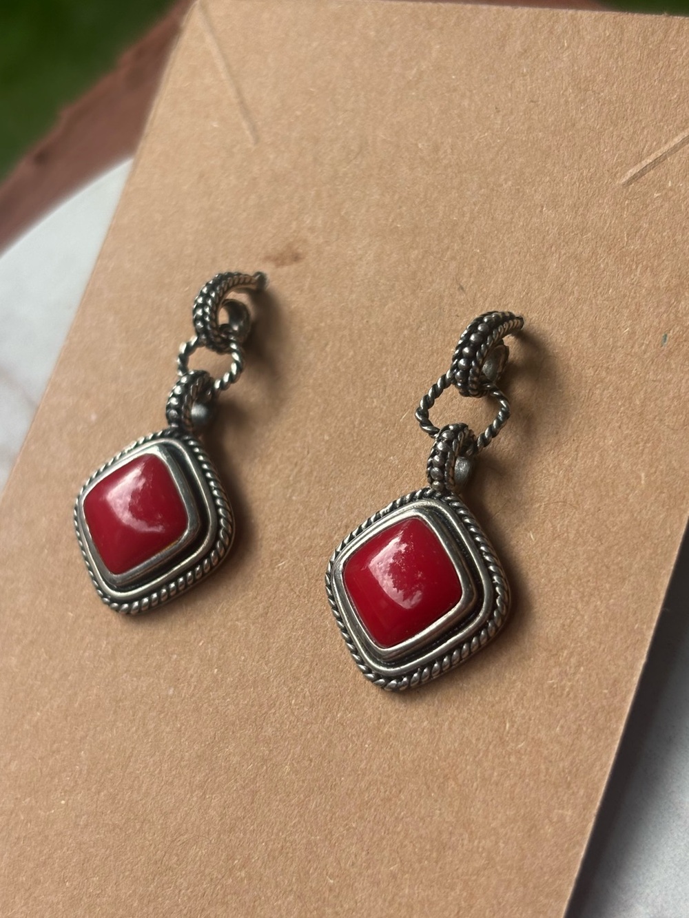 925 Sterling Silver Red Coral Drop Earrings Southwestern Rope Border
